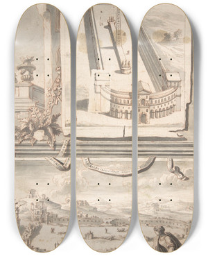 Triptych art skateboard deck of Jan Goeree Reconstruction Of The Circus Of Caracalla Above And A View Of The Ruins Below by Jan Goeree (1670-1731)