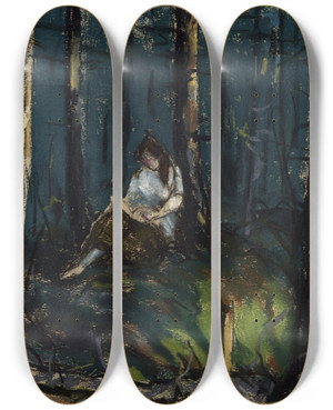 Triptych art skateboard deck of Robert Henri The Reader In The Forest by Robert Henri (1865-1929)
