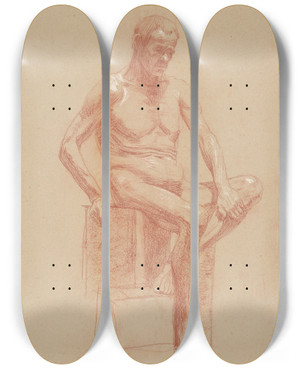 Triptych art skateboard deck of Jozef Hanula Study Of A Sitting Male Nude by Jozef Hanula (1863-1944)
