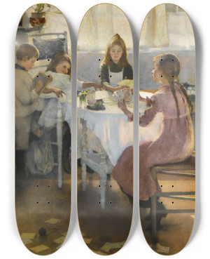 Triptych art skateboard deck of Elizabeth Adela Forbes A Game Of Old Maid by Elizabeth Adela Forbes (1859-1912)