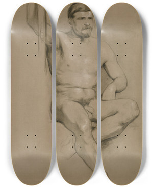 Triptych art skateboard deck of Victor Mller Sitting Male Nude by Victor Muller (1829-1871)