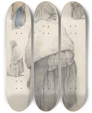 Triptych art skateboard deck of Jan Weissenbruch Studies Van Een Oude Vrouw by Jan Weissenbruch (1822-1880)