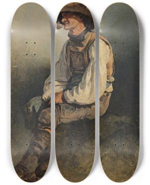 Triptych art skateboard deck of Friedrich August Matthias Gauermann Bearded Man Smoking A Pipe by Friedrich August Matthias Gauermann (1807-1862)