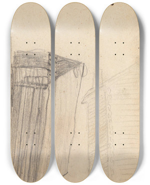 Triptych art skateboard deck of Hans Gude Laftede Bygninger by Hans Gude (1825-1903)