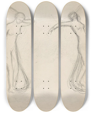 Triptych art skateboard deck of Signe Scheel Utkast Til Vase Med Kvinnelige Figurer by Signe Scheel (1860-1942)