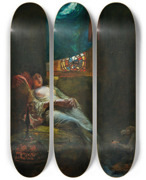 Triptych art skateboard deck of Ferdinand Max Bredt Sleeping Odalisque by Ferdinand Max Bredt (1860-1921)