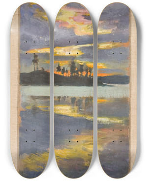 Triptych art skateboard deck of Akseli Gallenkallela Iltarusko Visuvedell by Akseli Gallen Kallela (1865-1931)