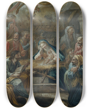 Triptych art skateboard deck of Francesc Pla Duran Birth Of Jesus And The Adoration Of The Shepherds by Francesc Pla Duran (1743-1805)