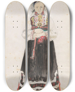 Triptych art skateboard deck of Adolph Tidemand Draktstudie Bolkesj by Adolph Tidemand (1814-1876)
