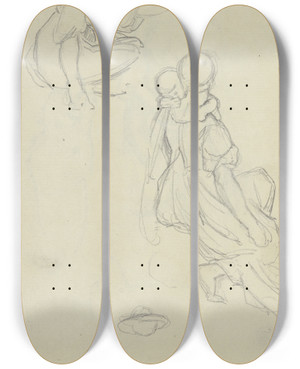 Triptych art skateboard deck of Jakob Becker Studienblatt Auf Dem Boden Kauernde Frau Und Rckenansicht Einer Sitzenden Frau Mit Kleinkind by Jakob Becker (1810-1872)