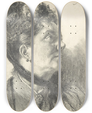 Triptych art skateboard deck of Adolph Von Menzel Woman With A Crushed Velvet Hat by Adolph Von Menzel (1815-1905)