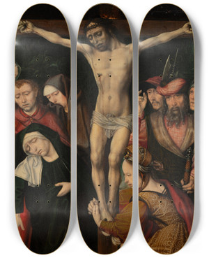 Triptych art skateboard deck of Master Of The Turin Crucifixion The Crucifixion Of Christ by Master of the Turin Crucifixion