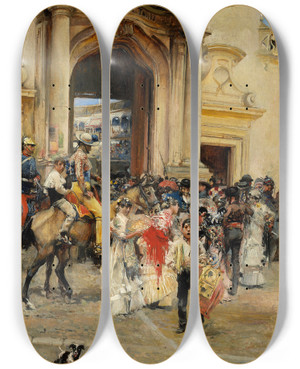 Triptych art skateboard deck of Jos Garca Ramos Outside The Bullring by Jose Garcia Ramos (1852-1912)