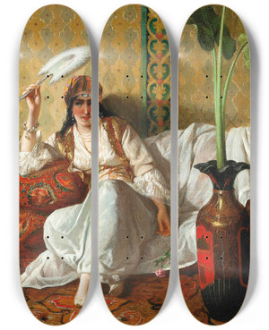 Triptych art skateboard deck of Eleuterio Pagliano A Harem Beauty by Eleuterio Pagliano (1826-1903)