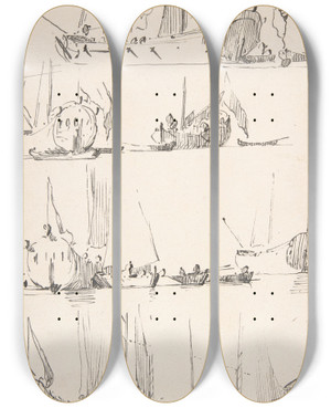 Triptych art skateboard deck of Willem Van De Velde The Younger Studies Of Ships And Boats by Willem van de Velde the Younger (1633-1707)