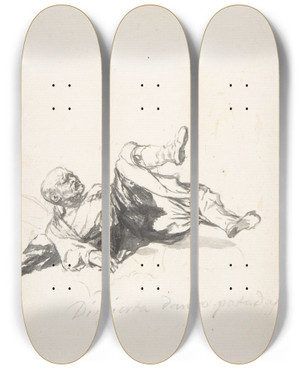 Triptych art skateboard deck of Francisco De Goya He Wakes Up Kicking A Man On The Floor Kicking His Legs After Waking From A Nightmare by Francisco de Goya (1746-1828)