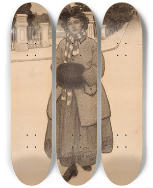Triptych art skateboard deck of Jessie Willcox Smith Young Girl With Muff by Jessie Willcox Smith (1863-1935)