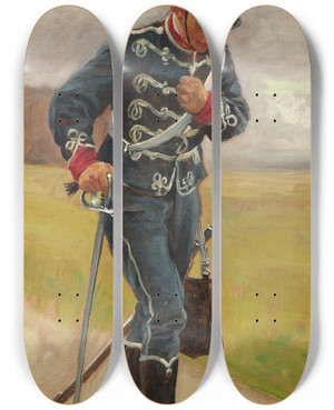 Triptych art skateboard deck of Otto Bache En Sret Husar Studie Til Husarernes Angreb by Otto Bache (1839-1927)