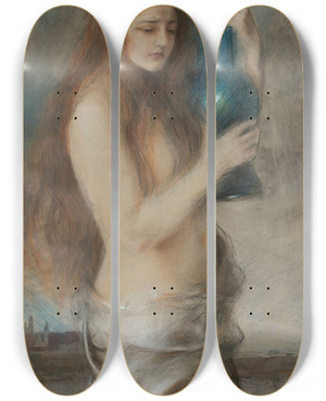 Triptych art skateboard deck of Teodor Axentowicz Girl With A Blue Vase Tears by Teodor Axentowicz (1859-1938)