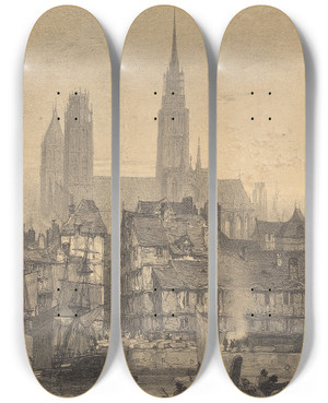 Triptych art skateboard deck of Richard Parkes Bonington Rouen Cathedrale Notredame by Richard Parkes Bonington (1802-1828)
