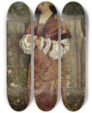 Triptych art skateboard deck of Stefan Bakaowicz Portrait Of A Lady In The Garden by Stefan Bakalowicz (1857-1947)