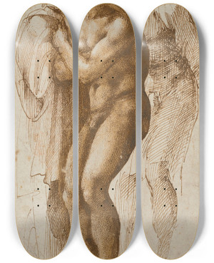 Triptych art skateboard deck of Michelangelo A Nude Man After Masaccio And Two Figures Behind Him by Michelangelo (1475-1564)