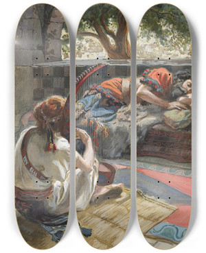 Triptych art skateboard deck of James Tissot David Plays The Harp Before Saul by James Tissot (1836-1902)