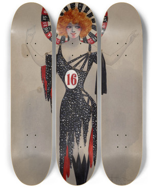 Triptych art skateboard deck of Will R Barnes Sact Ii8 Black Roulette Girls by Will R Barnes (1939)