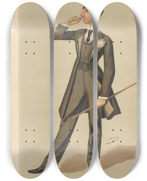 Triptych art skateboard deck of Leslie Matthew Ward Turf Devotees Mr Henry Ernest Schlesinger Benzon July 23 1887 by Leslie Matthew Ward (1851-1922)