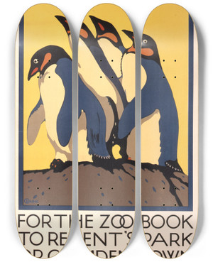 Triptych art skateboard deck of Charles Paine For The Zoo Book To Regents Park Or Camden Town by Charles Paine (1895-1967)