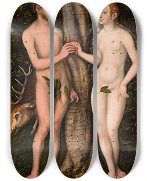 Triptych art skateboard deck of Lucas Cranach The Elder Adam And Eve_1 by Lucas Cranach The Elder (1472-1553)