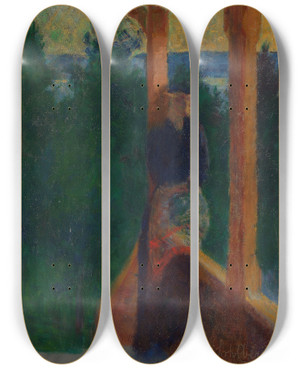 Triptych art skateboard deck of Harald Sohlberg On The Veranda by Harald Sohlberg (1877-1935)