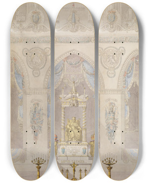 Triptych art skateboard deck of Charles Percier Interior Elevation Of Reims Cathedral With A Statue Of King Louis I And An Altar Placed At Front by Charles Percier (1764-1838)