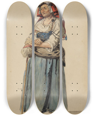 Triptych art skateboard deck of Johann Baptist Kirner Alte Italienerin Mit Kopflast by Johann Baptist Kirner (1806-1866)