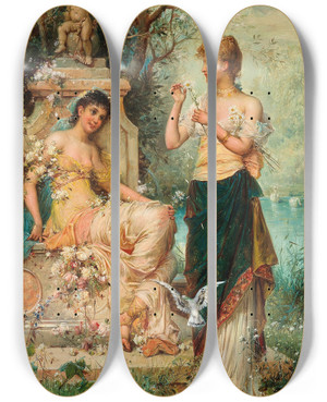 Triptych art skateboard deck of Hans Zatzka He Loves Me He Loves Me Not by Hans Zatzka (1859-1945)