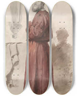 Triptych art skateboard deck of Jan Weissenbruch Figuurstudies Met Een Staande Man In Rode Kamerjas by Jan Weissenbruch (1822-1880)