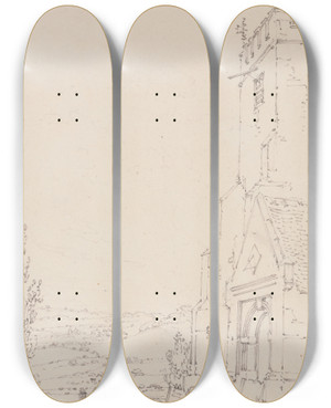 Triptych art skateboard deck of Joseph Mallord William Turner South Porch And Tower Of An Unidentified Church by Joseph Mallord William Turner (1775-1851)