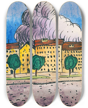 Triptych art skateboard deck of Karl Wiener Komposition Aus Pflaster Und Wiese Vii by Karl Wiener (1901-1949)