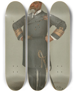Triptych art skateboard deck of Leslie Matthew Ward Military And Navy Fresh From The Channel Sheet Viceadmiral Sir Henry H Rawson April 25 1901 by Leslie Matthew Ward (1851-1922)