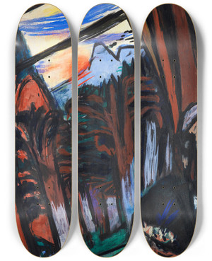 Triptych art skateboard deck of Max Beckmann Drahtseilbahn In Badenbaden Bergbahn In Colorado by Max Beckmann (1884-1950)