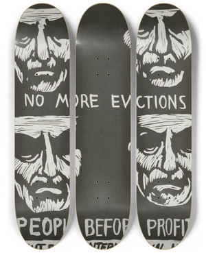 Triptych art skateboard deck of Rachael Romero Decent Low Cost Housing Is Our Basic Right No More Evictions People Before Profit Fight For The International Hotel by Rachael Romero (1953)