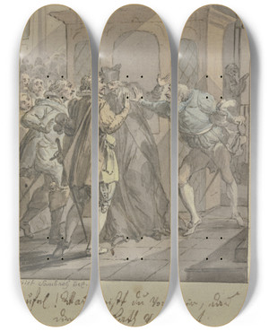 Triptych art skateboard deck of Christian Sambach Drei Diskutierende Mnner Mit Degen Und Ein Geistlicher Vor Einem Beichtstuhl by Christian Sambach