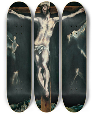 Triptych art skateboard deck of El Greco Domenikos Theotokopoulos Christ Crucified With Toledo In The Background by El Greco Domenikos Theotokopoulos (1540-1614)