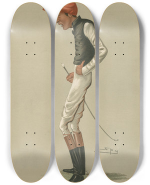 Triptych art skateboard deck of Leslie Matthew Ward Jockeys The Favorite Jockey Fred Archer May 28 1881 by Leslie Matthew Ward (1851-1922)