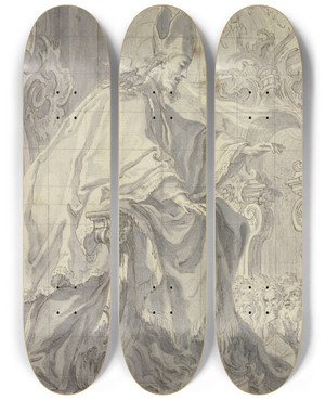 Triptych art skateboard deck of Gottfried Bernhard Gz Der Heilige Basilius Predigt Von Einer Links Vorne Stehenden Kanzel Zu Einer Volksmenge by Gottfried Bernhard Goz