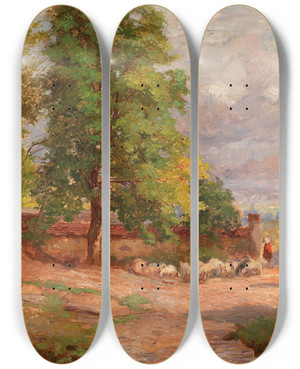 Triptych art skateboard deck of Hugo Charlemont Old Chestnut Tree by Hugo Charlemont (1850-1939)
