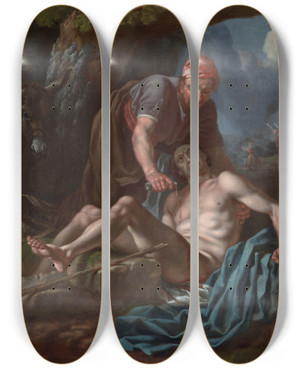 Triptych art skateboard deck of Francis Hayman The Good Samaritan by Francis Hayman (1708-1776)