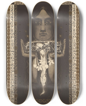 Triptych art skateboard deck of Nicolaas Van De Vecht Kalenderblad Voor Juli Tot En Met September 1924 by Nicolaas van de Vecht