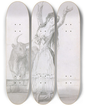 Triptych art skateboard deck of Francisco De Goya A Young Woman Dancing Her Arms Raised A Bull In The Background by Francisco de Goya (1746-1828)