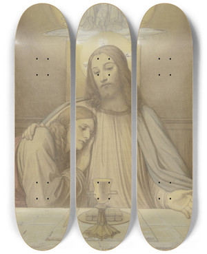 Triptych art skateboard deck of Eduard Von Steinle Christus Mit Dem Lieblingsjnger Johannes Halbfiguren Am Tisch Des Letzten Abendmahles Ber Ihnen Die Dreifaltigkeit by Eduard Von Steinle (1810-1886)